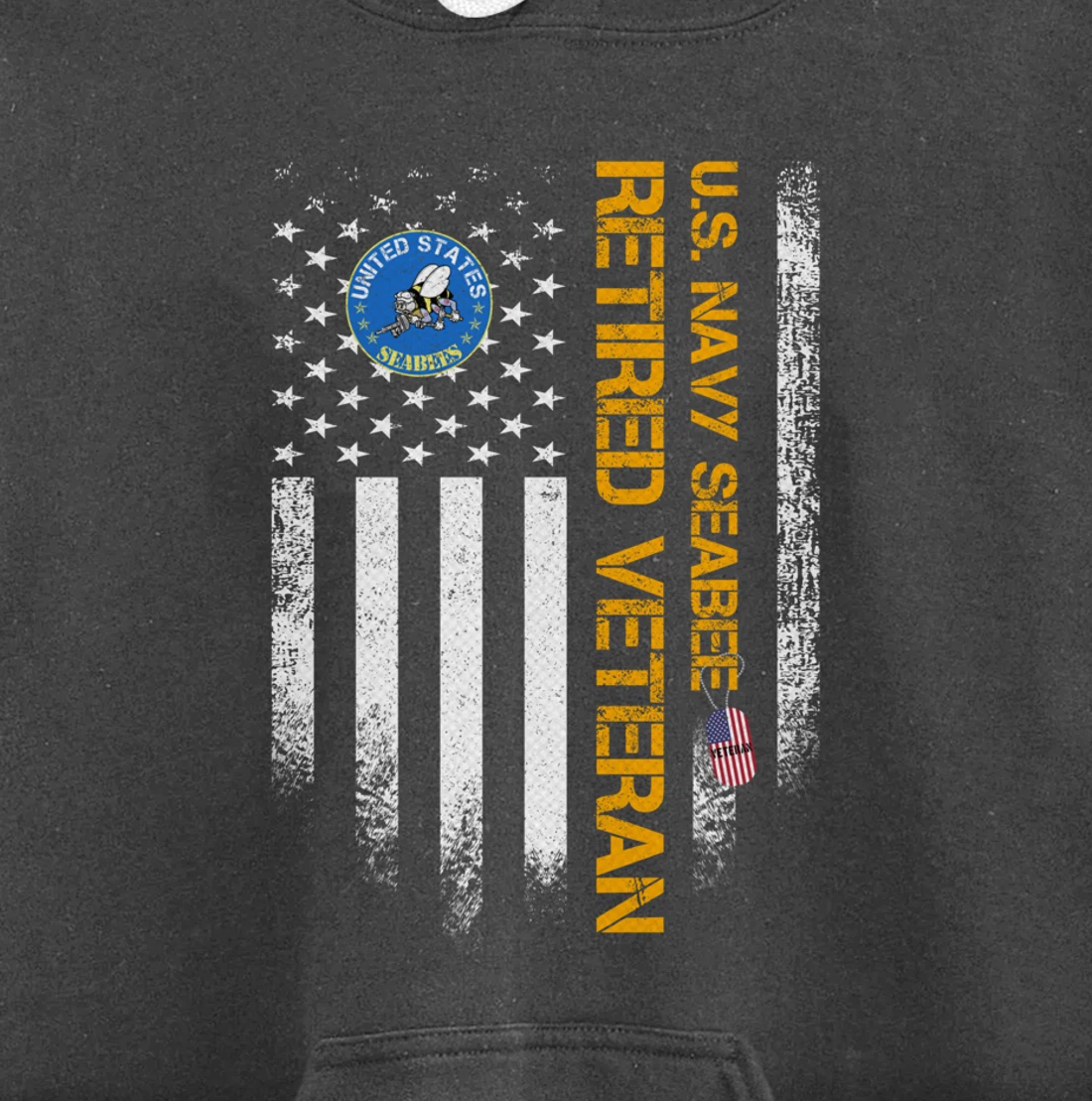 Vintage USA American Flag Navy Seabee Proud Retired Veteran Pullover Hoodie