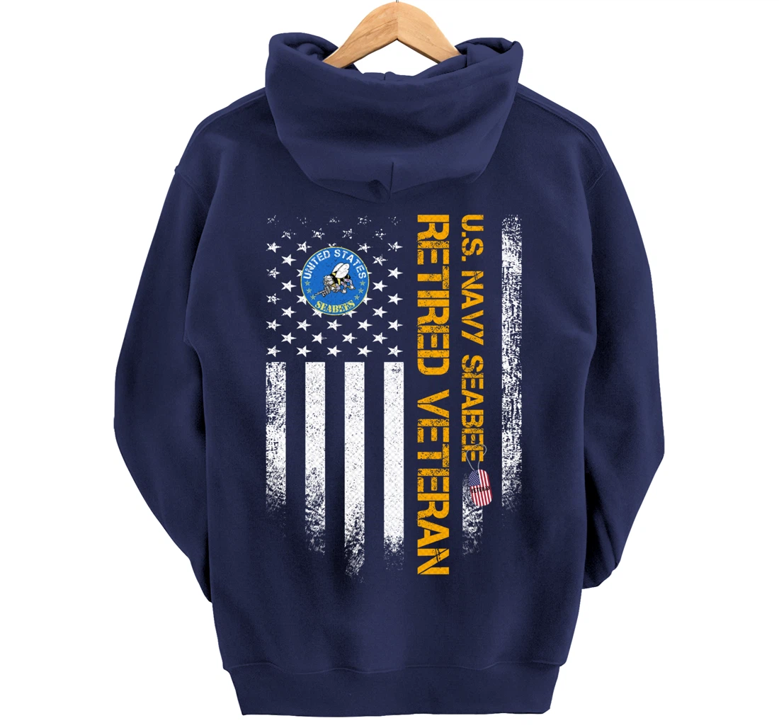 Vintage USA American Flag Navy Seabee Proud Retired Veteran Pullover Hoodie