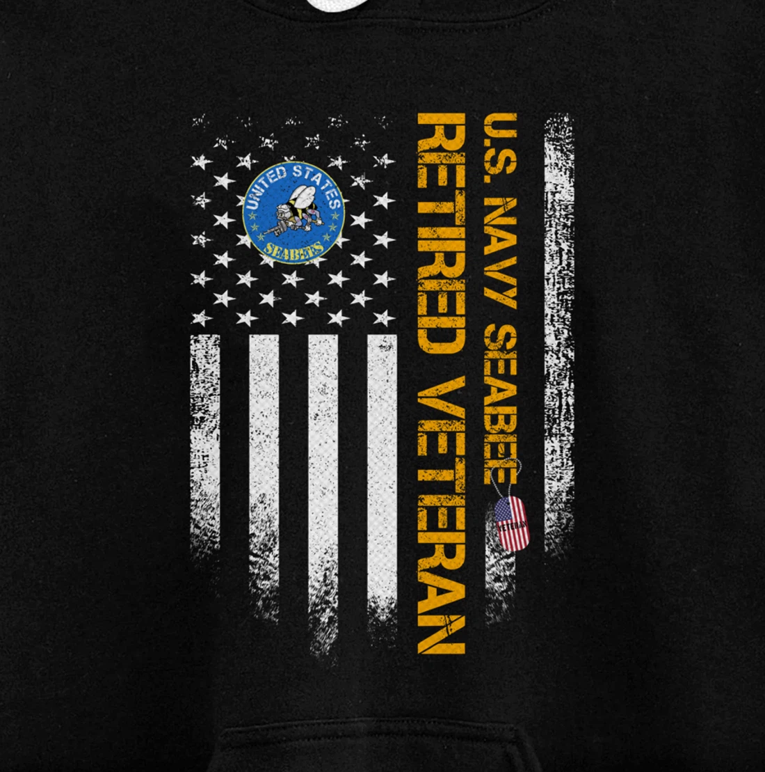 Vintage USA American Flag Navy Seabee Proud Retired Veteran Pullover Hoodie