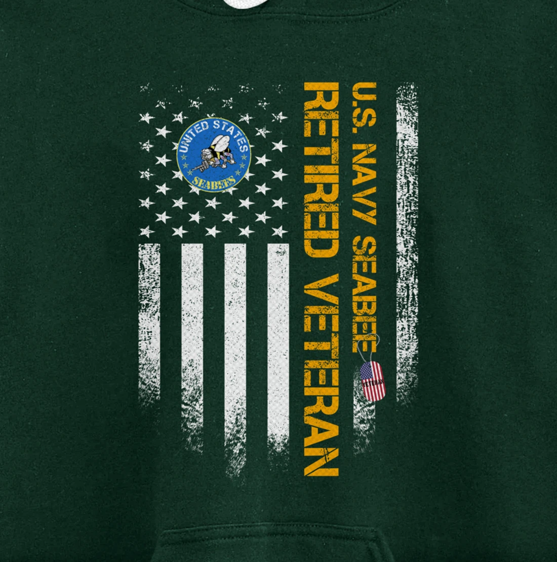 Vintage USA American Flag Navy Seabee Proud Retired Veteran Pullover Hoodie