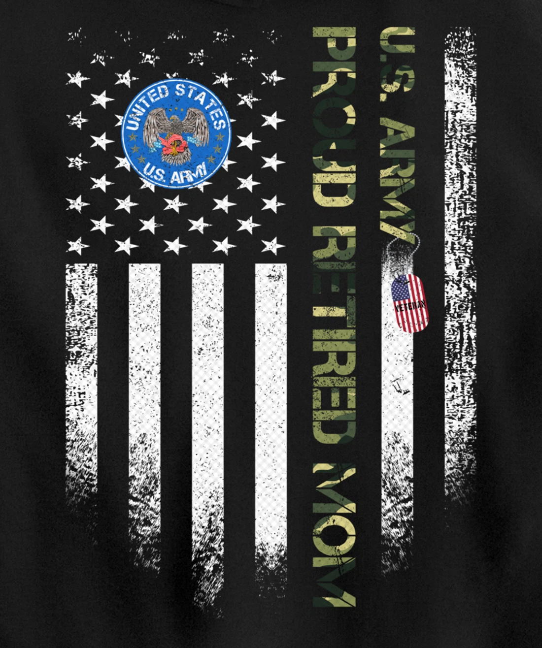 Vintage USA American Flag US Army Veteran Proud Retired Mom Pullover Hoodie