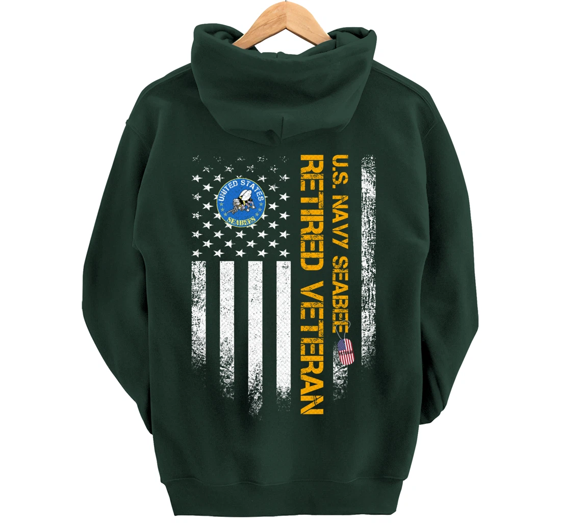 Vintage USA American Flag Navy Seabee Proud Retired Veteran Pullover Hoodie