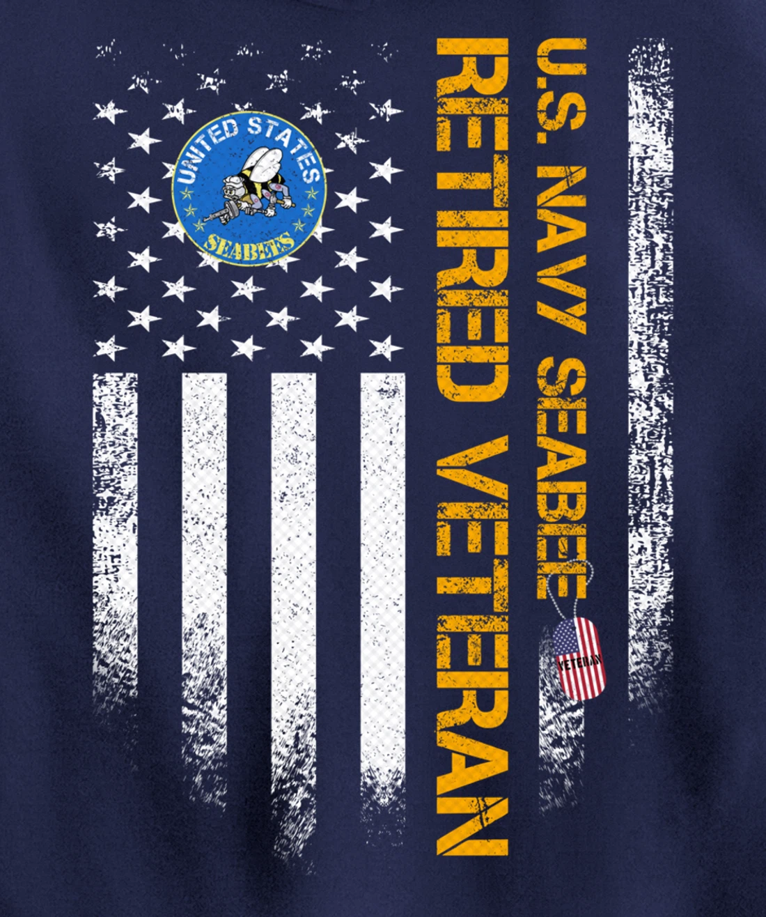 Vintage USA American Flag Navy Seabee Proud Retired Veteran Pullover Hoodie