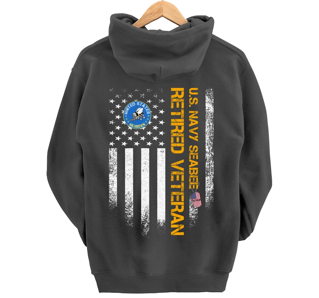 Vintage USA American Flag Navy Seabee Proud Retired Veteran Pullover Hoodie