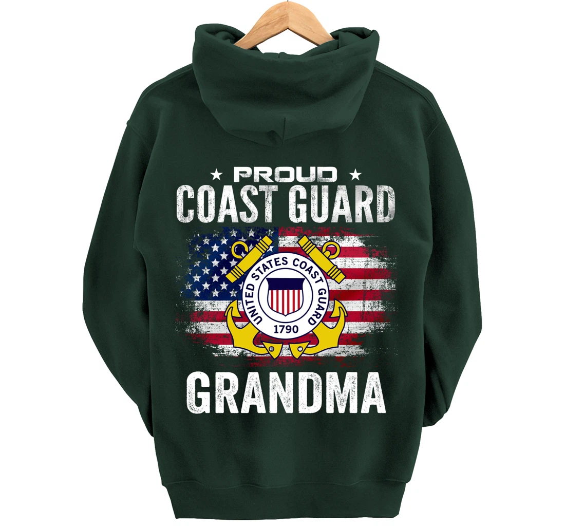 Proud Coast Guard Grandma With American Flag Gift Veteran Pullover Hoodie