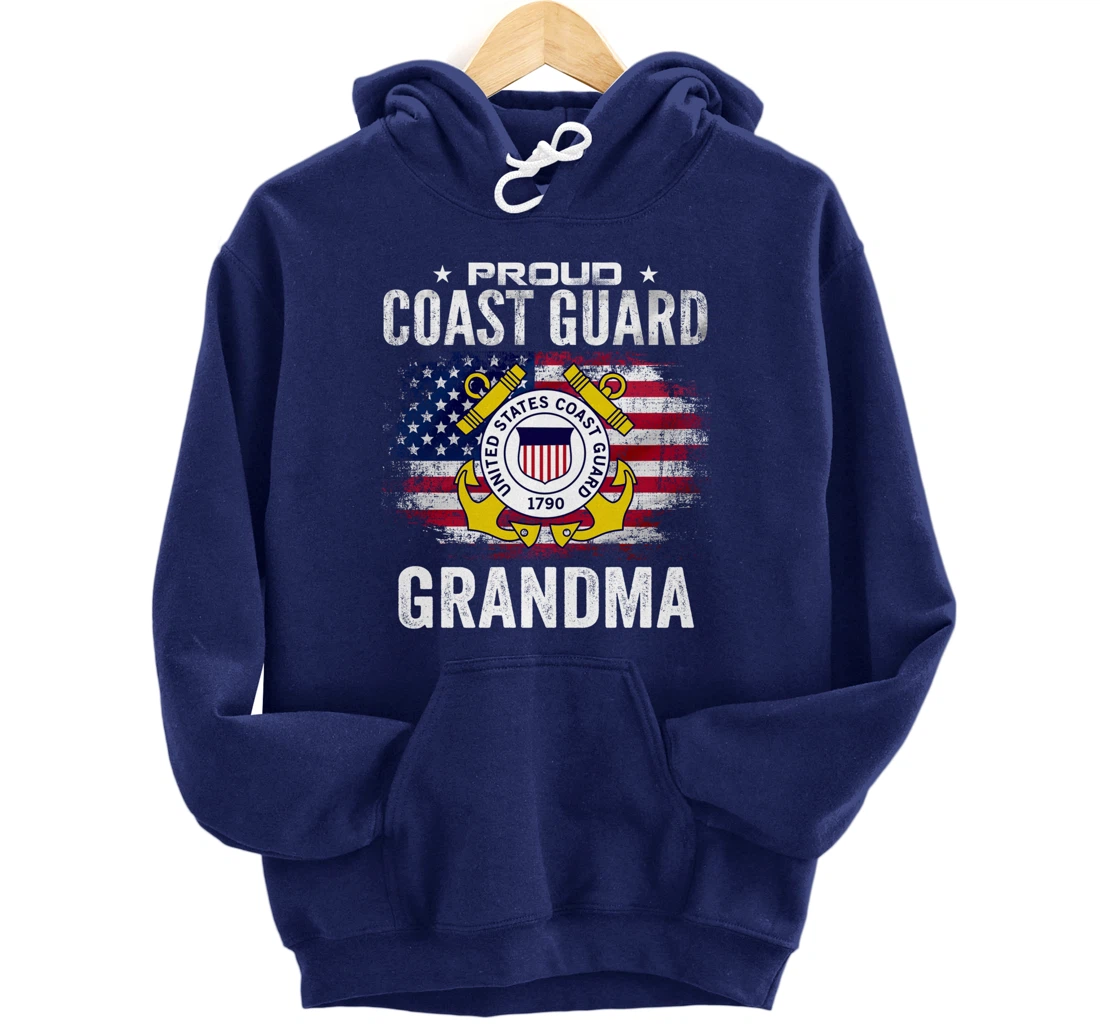 Proud Coast Guard Grandma With American Flag Gift Veteran Pullover Hoodie