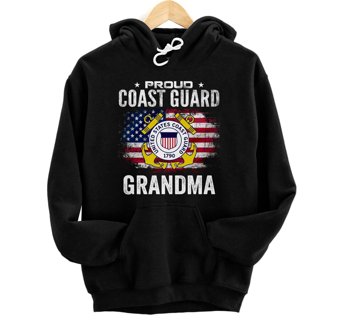 Proud Coast Guard Grandma With American Flag Gift Veteran Pullover Hoodie