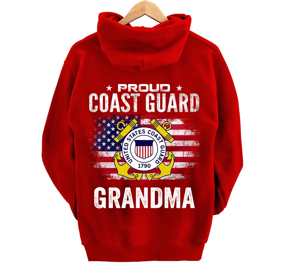Proud Coast Guard Grandma With American Flag Gift Veteran Pullover Hoodie