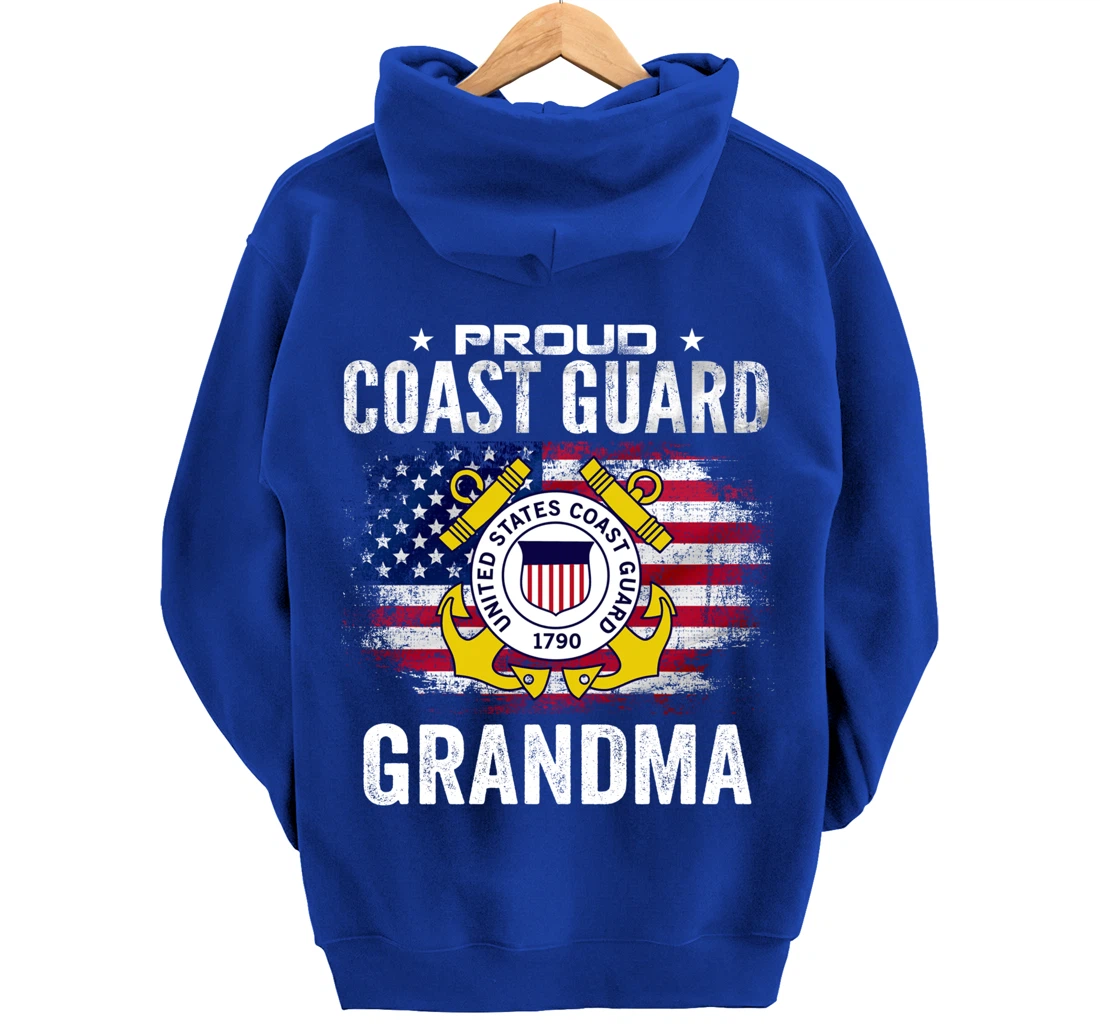 Proud Coast Guard Grandma With American Flag Gift Veteran Pullover Hoodie