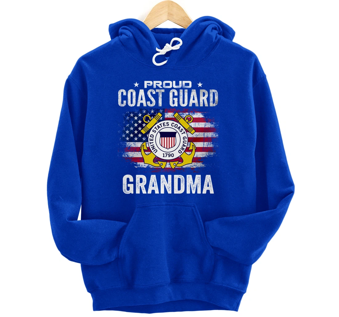 Proud Coast Guard Grandma With American Flag Gift Veteran Pullover Hoodie