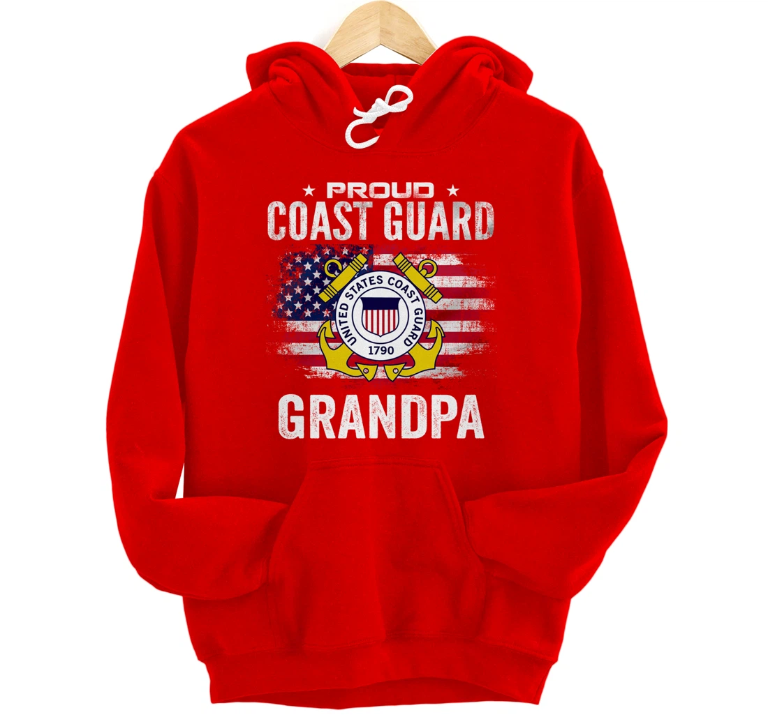 Proud Coast Guard Grandpa With American Flag Gift Veteran Pullover Hoodie