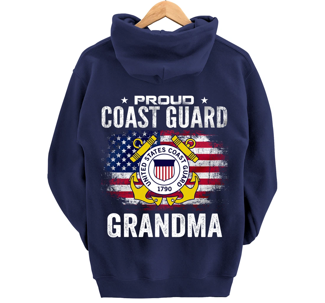 Proud Coast Guard Grandma With American Flag Gift Veteran Pullover Hoodie