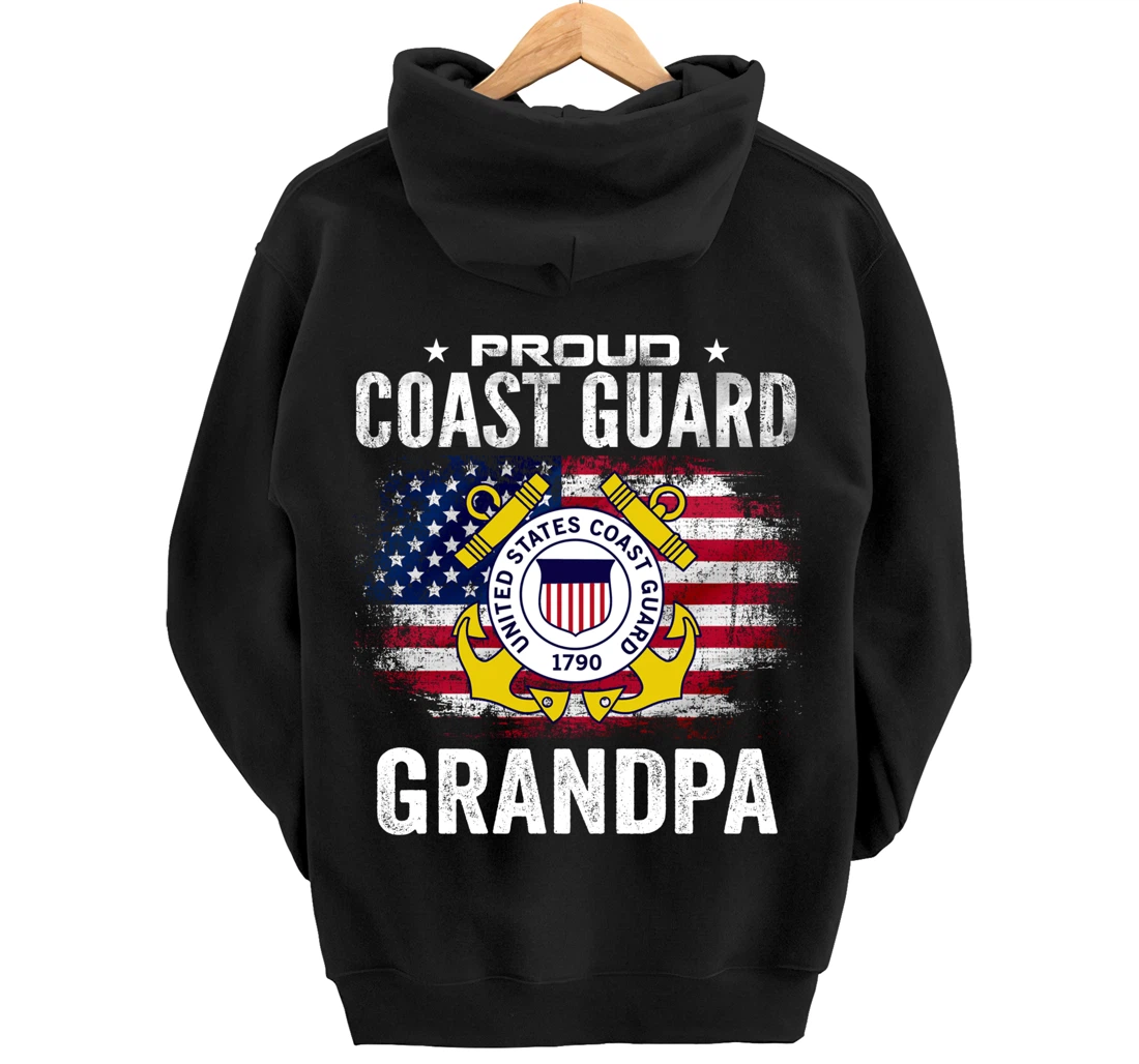 Proud Coast Guard Grandpa With American Flag Gift Veteran Pullover Hoodie