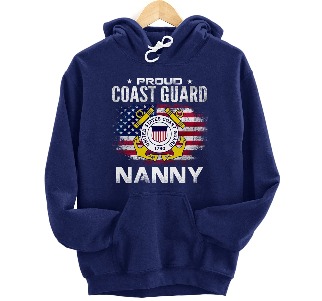 Proud Coast Guard Nanny With American Flag Gift Veteran Pullover Hoodie
