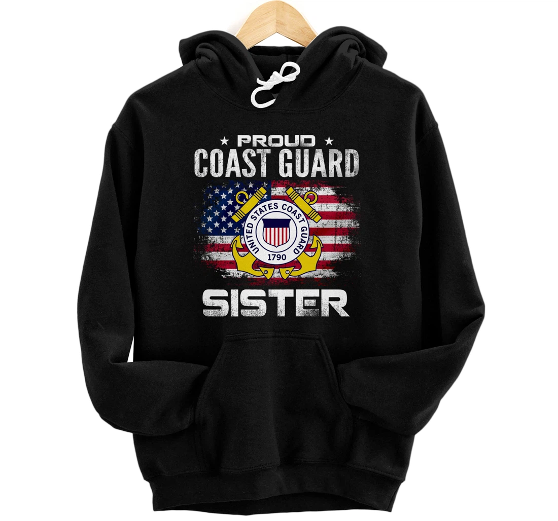 Proud Coast Guard Sister With American Flag Gift Veteran Pullover Hoodie