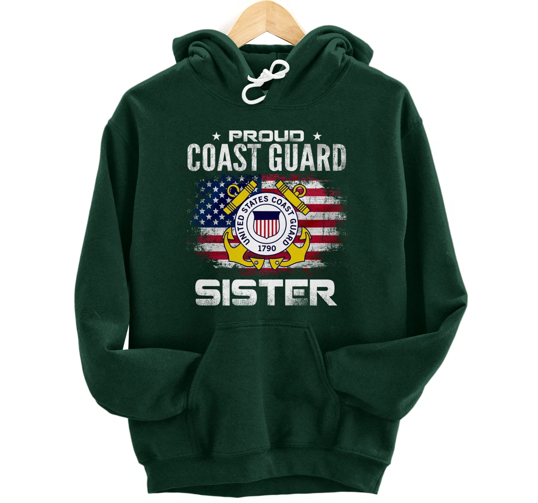 Proud Coast Guard Sister With American Flag Gift Veteran Pullover Hoodie