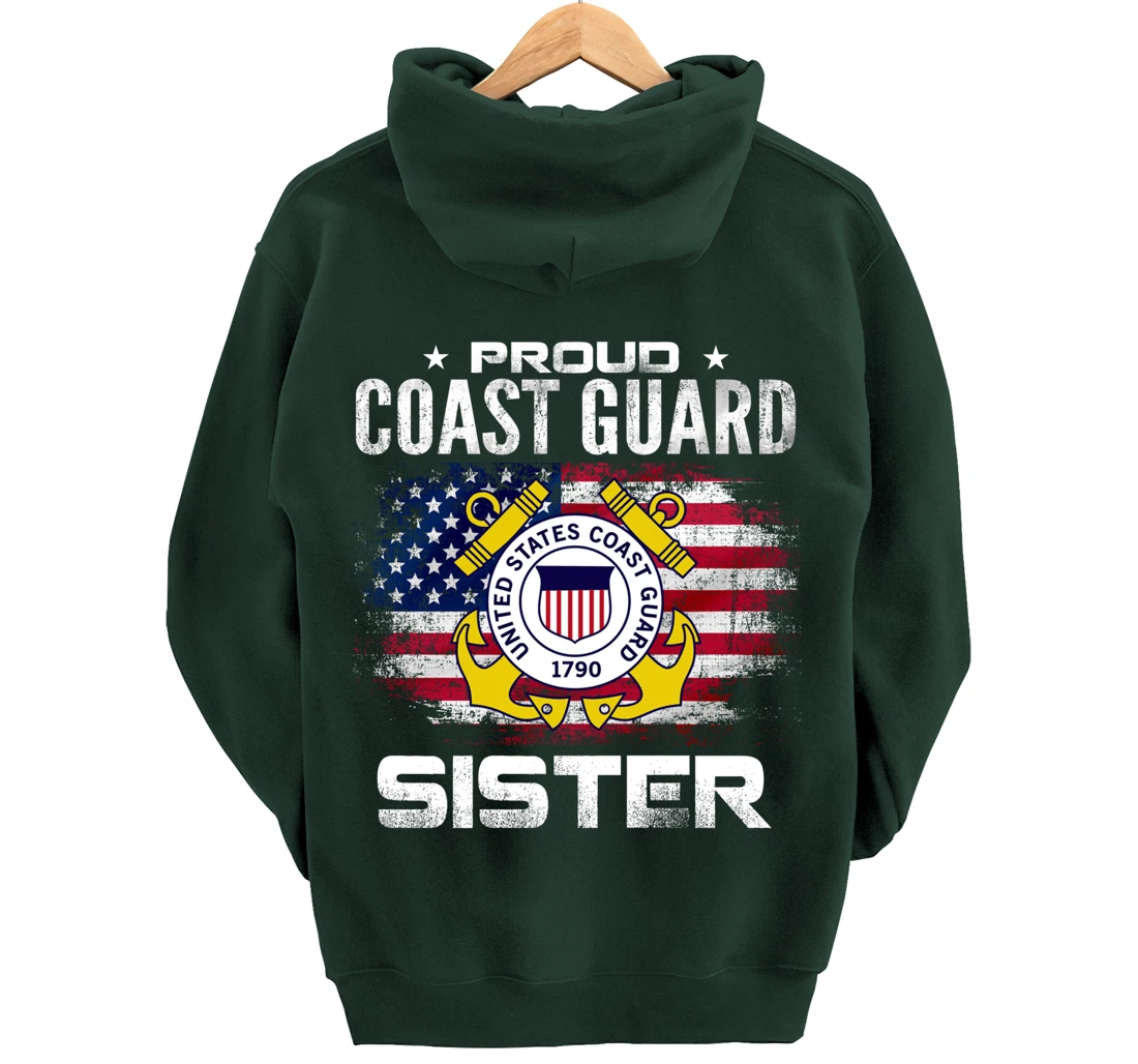 Proud Coast Guard Sister With American Flag Gift Veteran Pullover Hoodie