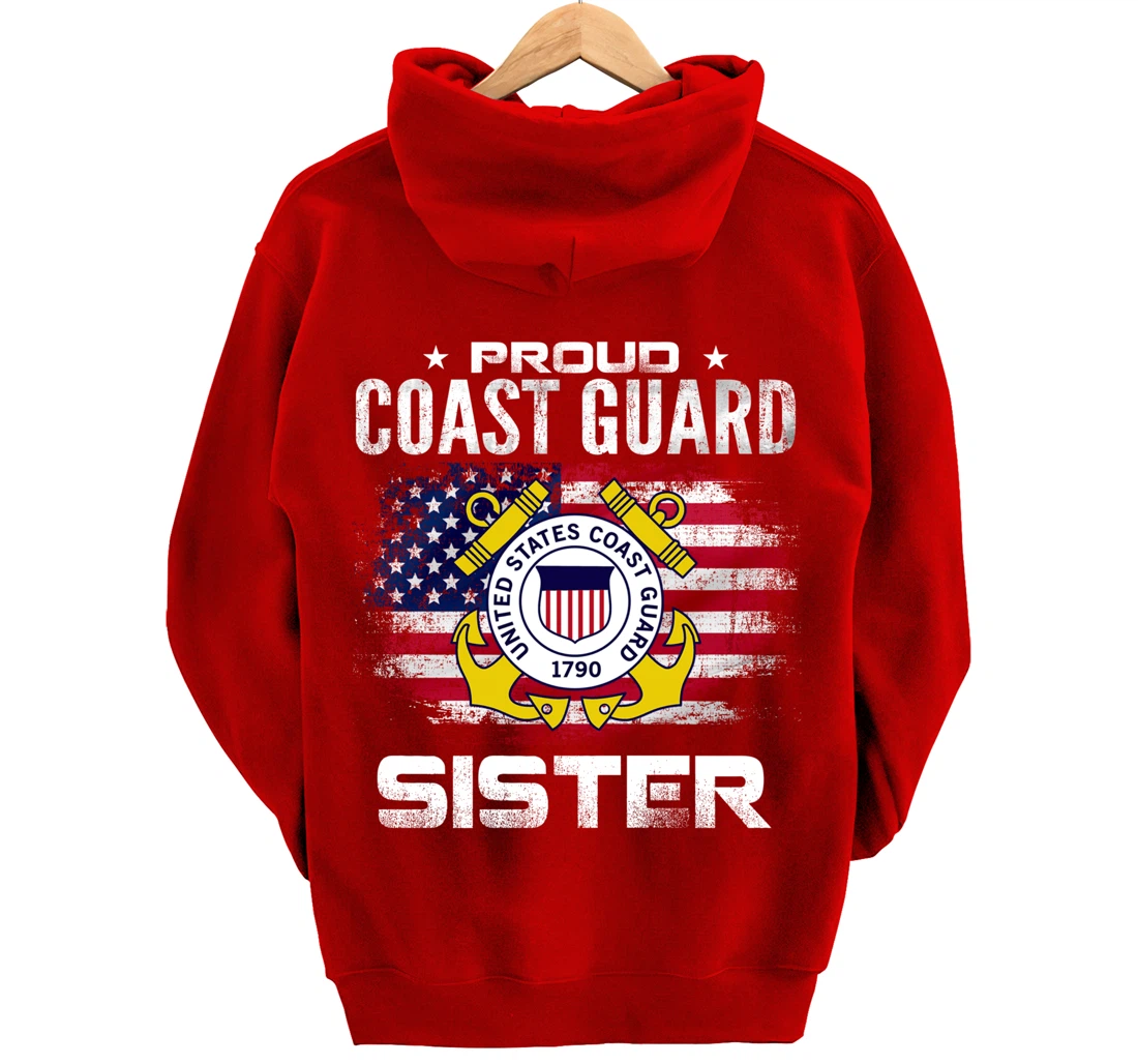 Proud Coast Guard Sister With American Flag Gift Veteran Pullover Hoodie