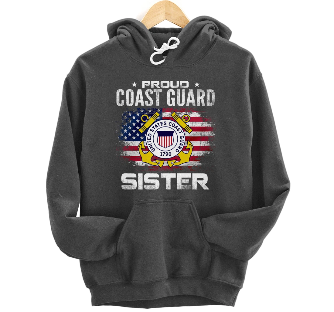 Proud Coast Guard Sister With American Flag Gift Veteran Pullover Hoodie