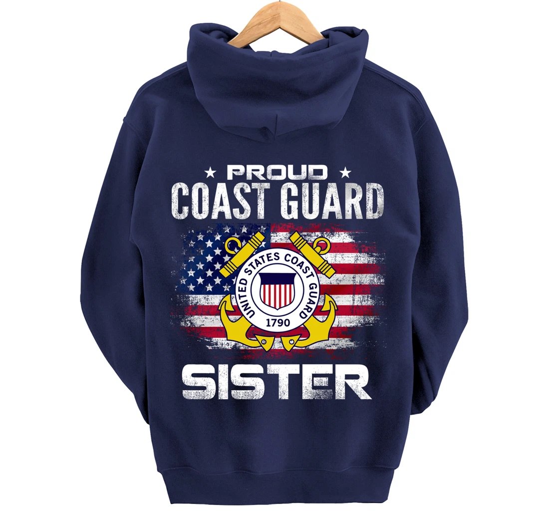 Proud Coast Guard Sister With American Flag Gift Veteran Pullover Hoodie