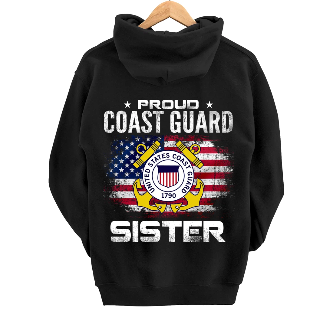 Proud Coast Guard Sister With American Flag Gift Veteran Pullover Hoodie