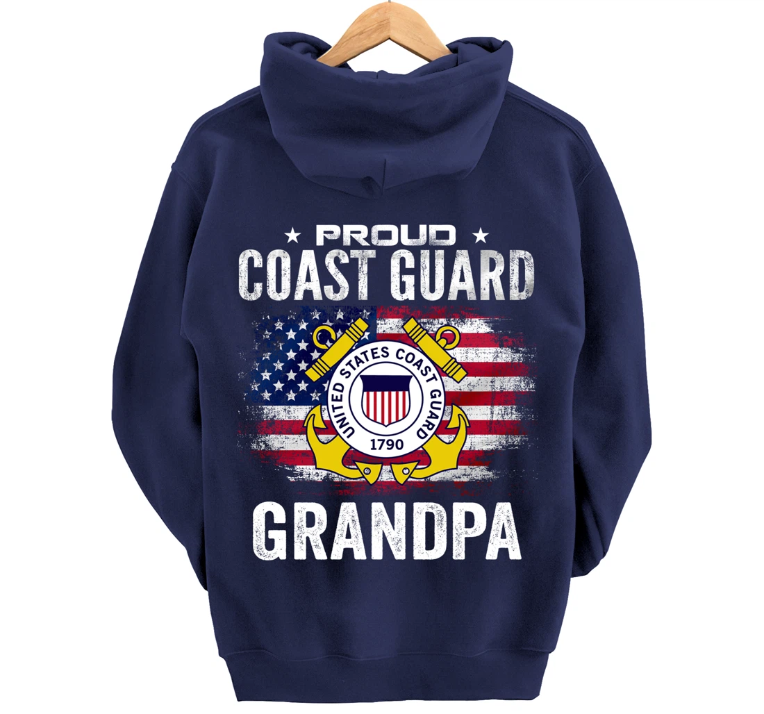 Proud Coast Guard Grandpa With American Flag Gift Veteran Pullover Hoodie