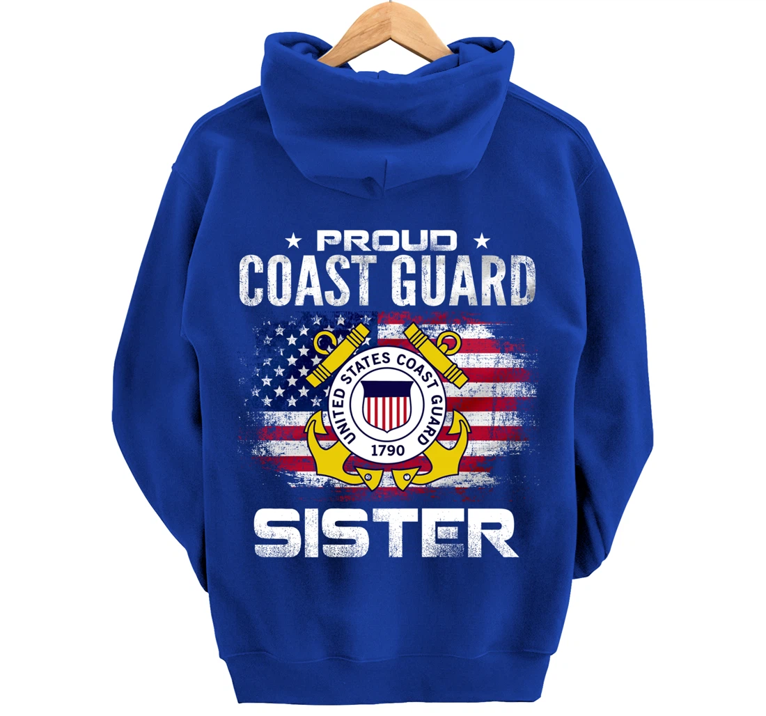 Proud Coast Guard Sister With American Flag Gift Veteran Pullover Hoodie