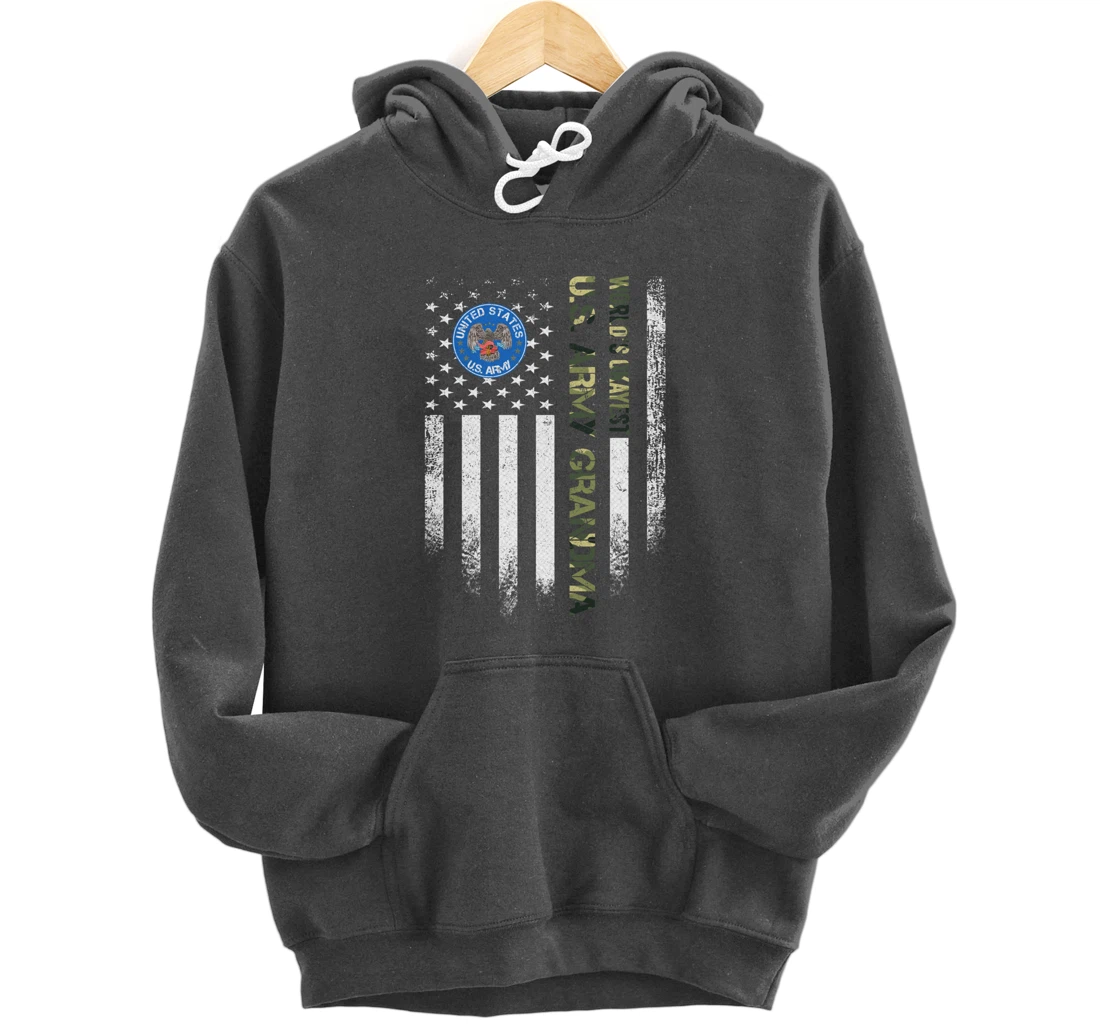 Vintage American Flag World's Okayest Army Veteran Grandma Pullover Hoodie