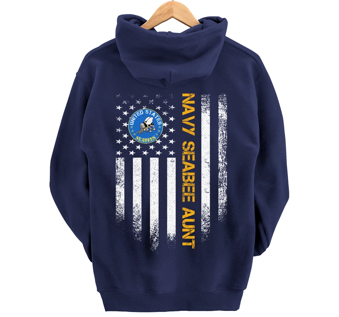 Vintage USA American Flag Proud US Navy Seabee Veteran Aunt Pullover Hoodie