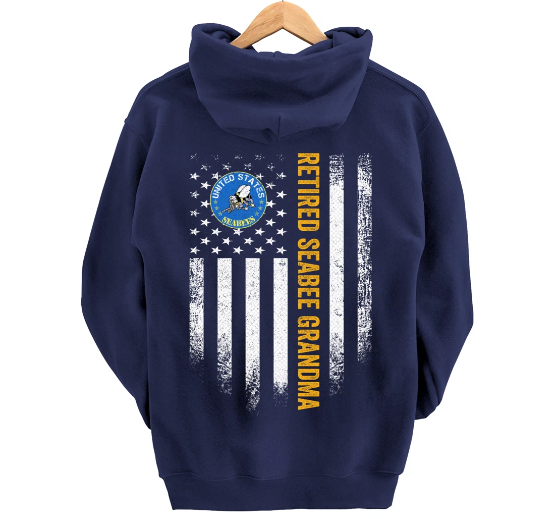 Vintage American Flag Retired US Navy Seabee Veteran Grandma Pullover Hoodie