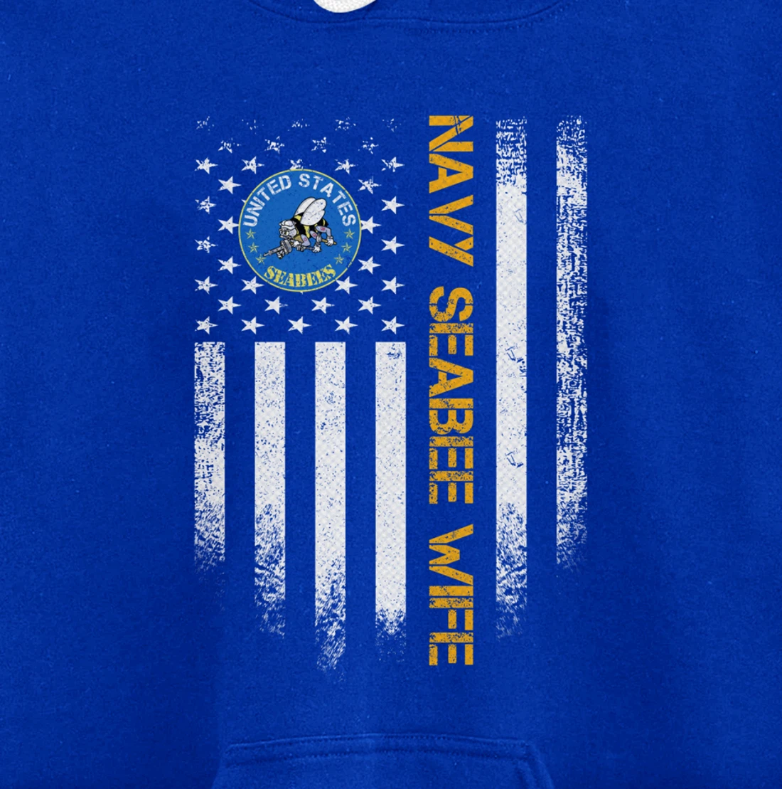 Vintage USA American Flag Proud US Navy Seabee Veteran Wife Pullover Hoodie