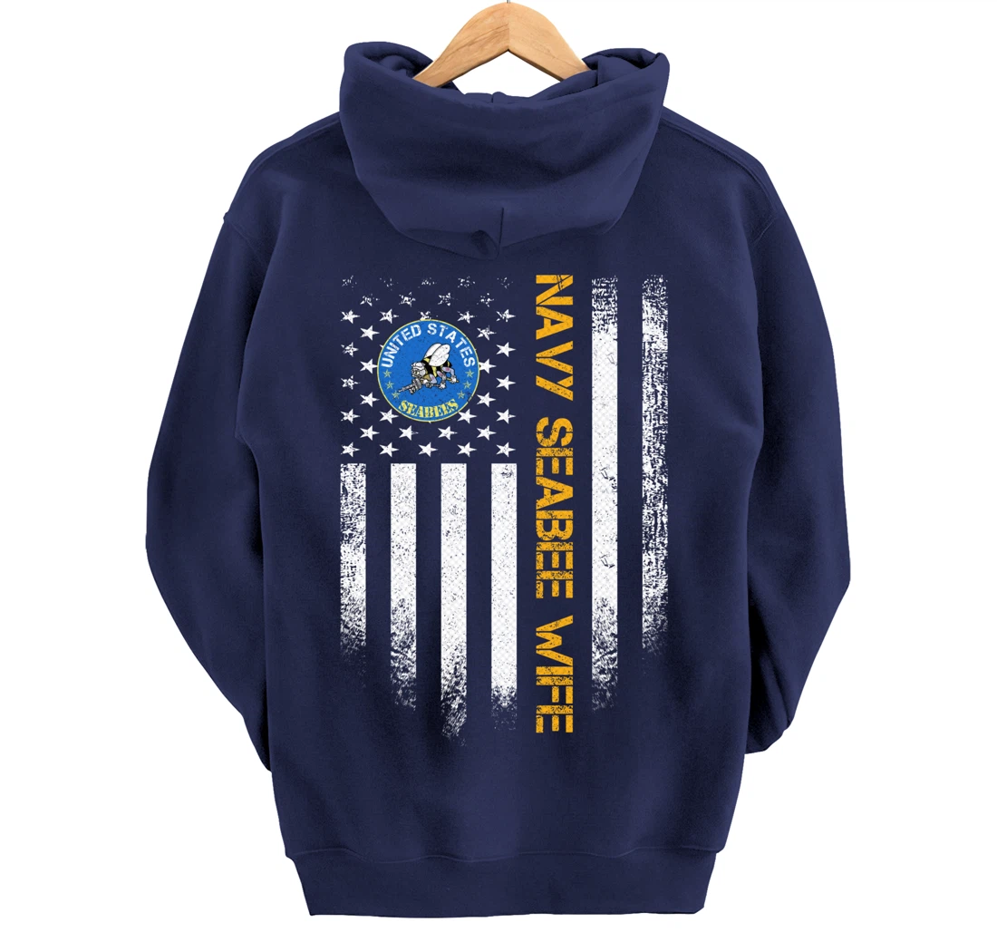 Vintage USA American Flag Proud US Navy Seabee Veteran Wife Pullover Hoodie