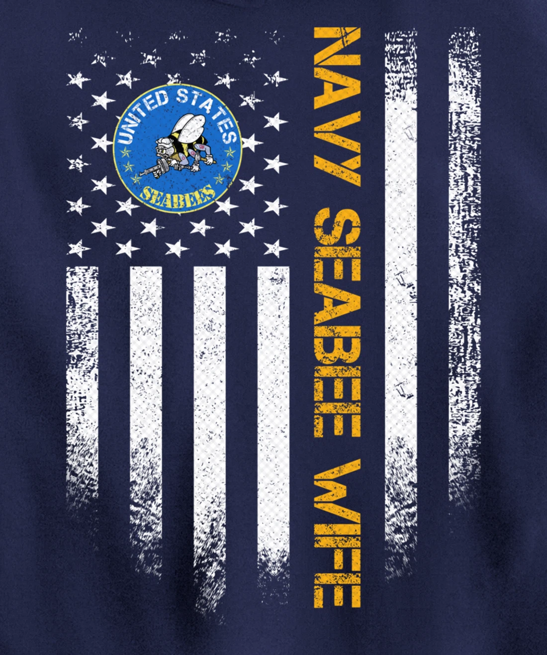 Vintage USA American Flag Proud US Navy Seabee Veteran Wife Pullover Hoodie