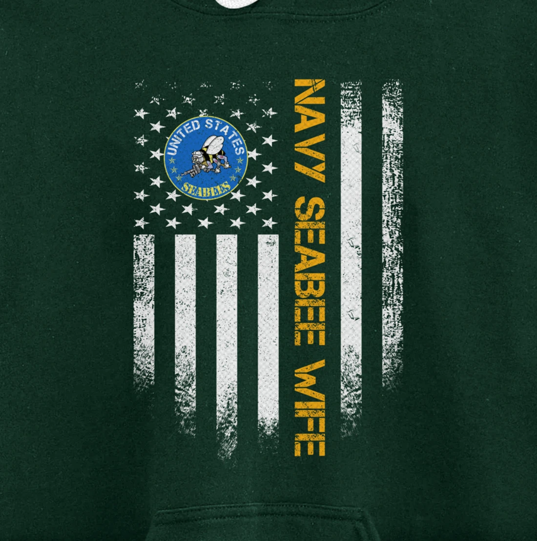 Vintage USA American Flag Proud US Navy Seabee Veteran Wife Pullover Hoodie