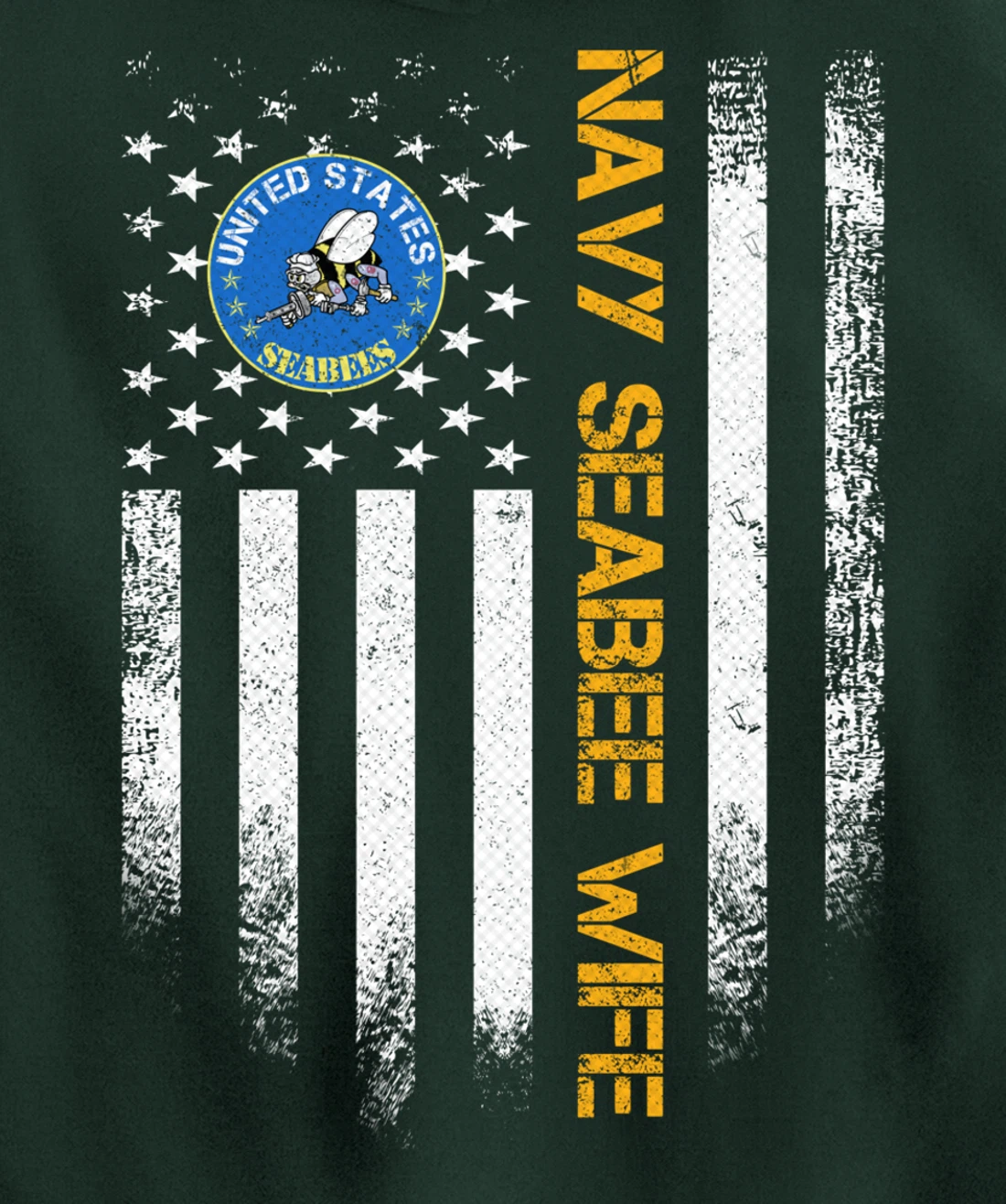 Vintage USA American Flag Proud US Navy Seabee Veteran Wife Pullover Hoodie