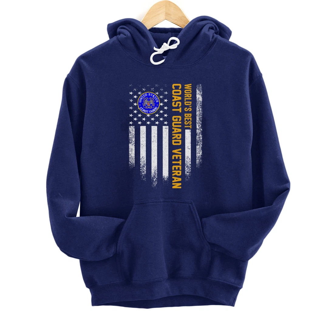 Vintage USA American Flag World's Best Coast Guard Veteran Pullover Hoodie