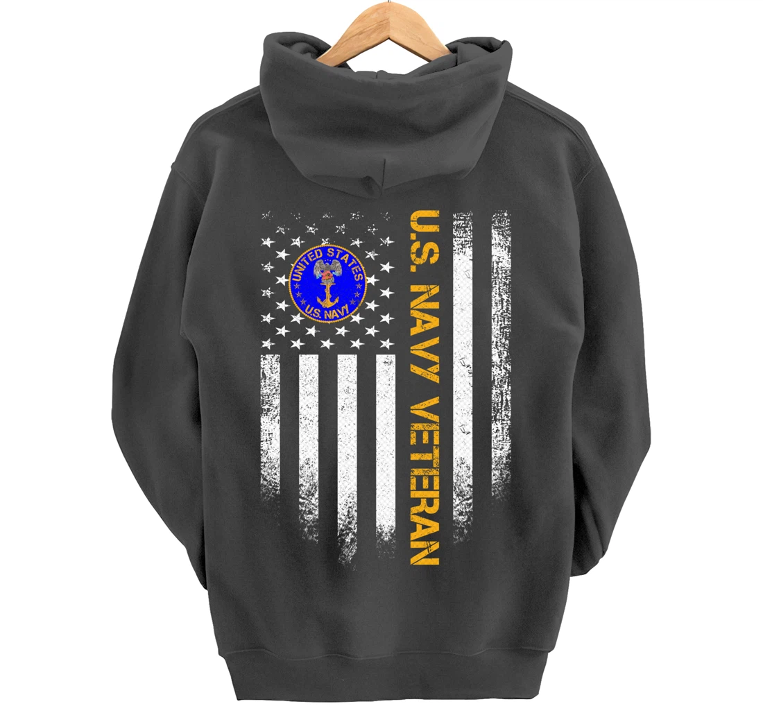 Vintage USA American Flag Proud US Navy Veteran Funny Gift Pullover Hoodie