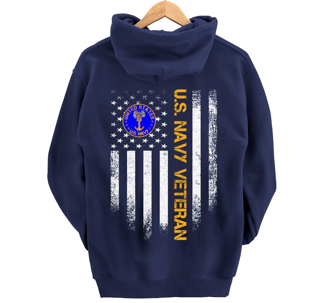 Vintage USA American Flag Proud US Navy Veteran Funny Gift Pullover Hoodie