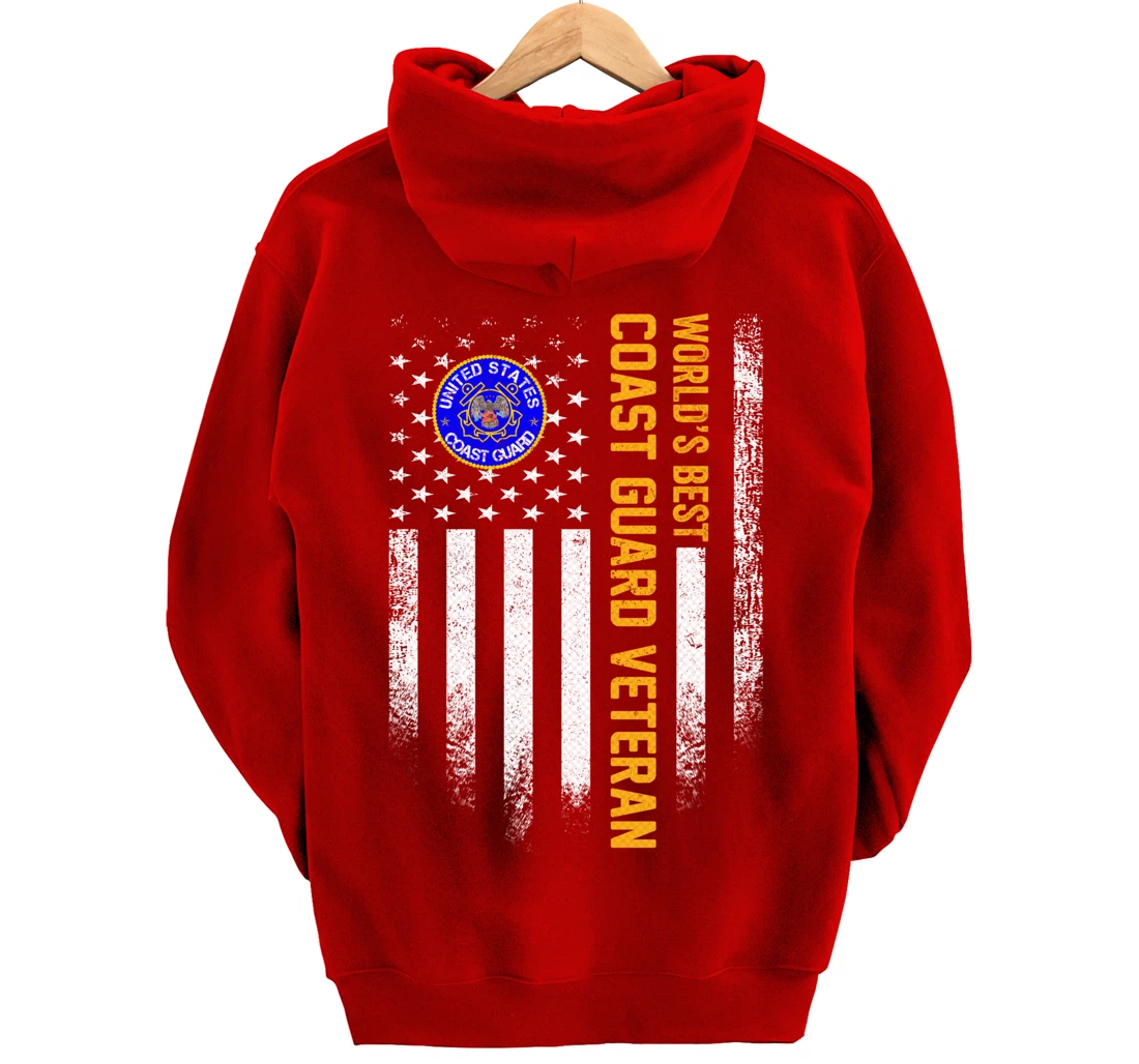 Vintage USA American Flag World's Best Coast Guard Veteran Pullover Hoodie