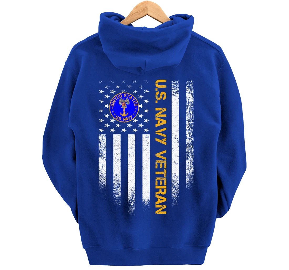 Vintage USA American Flag Proud US Navy Veteran Funny Gift Pullover Hoodie