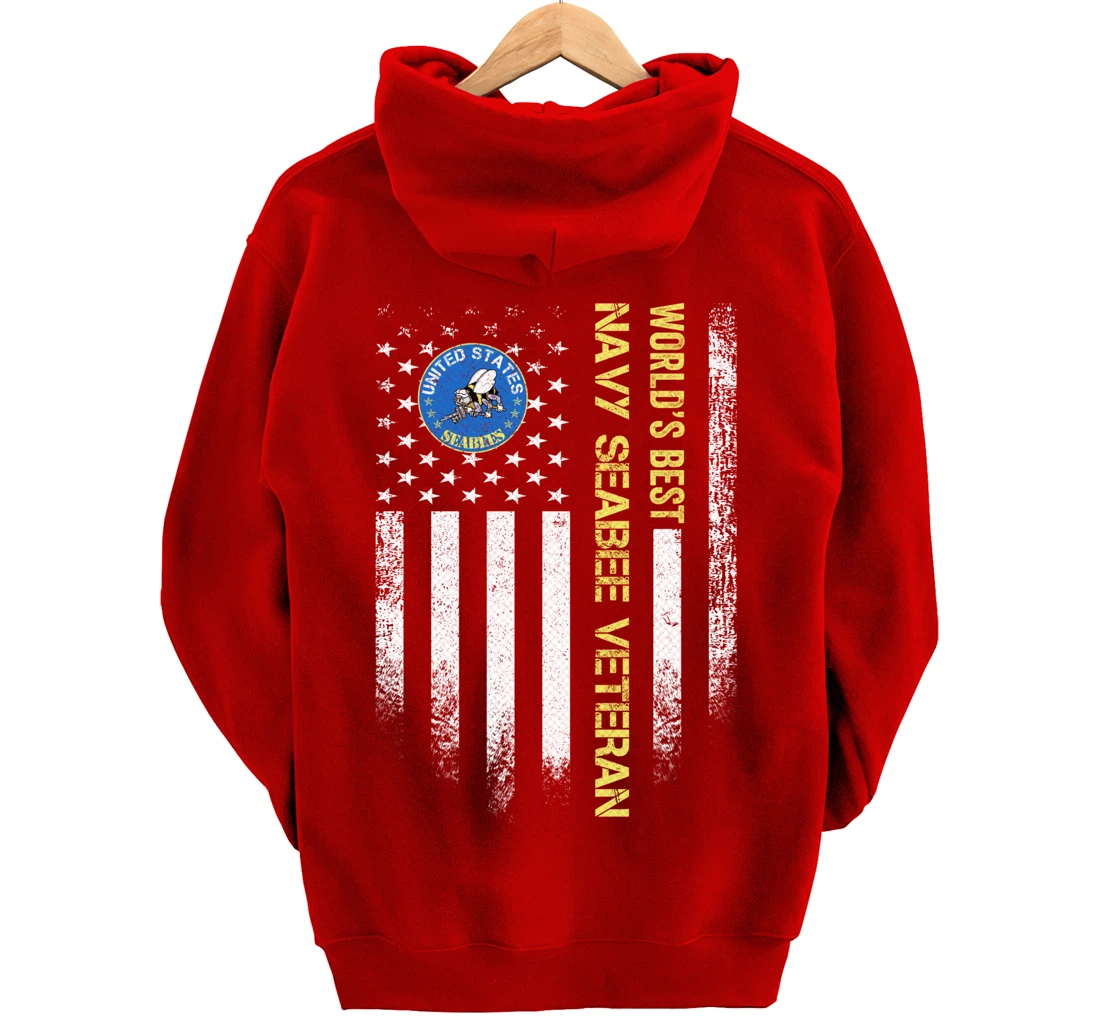 Vintage USA American Flag World's Best Navy Seabee Veteran Pullover Hoodie