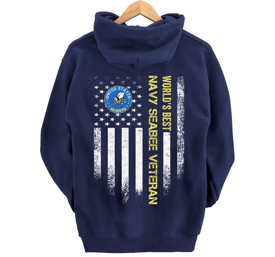 Vintage USA American Flag World's Best Navy Seabee Veteran Pullover Hoodie