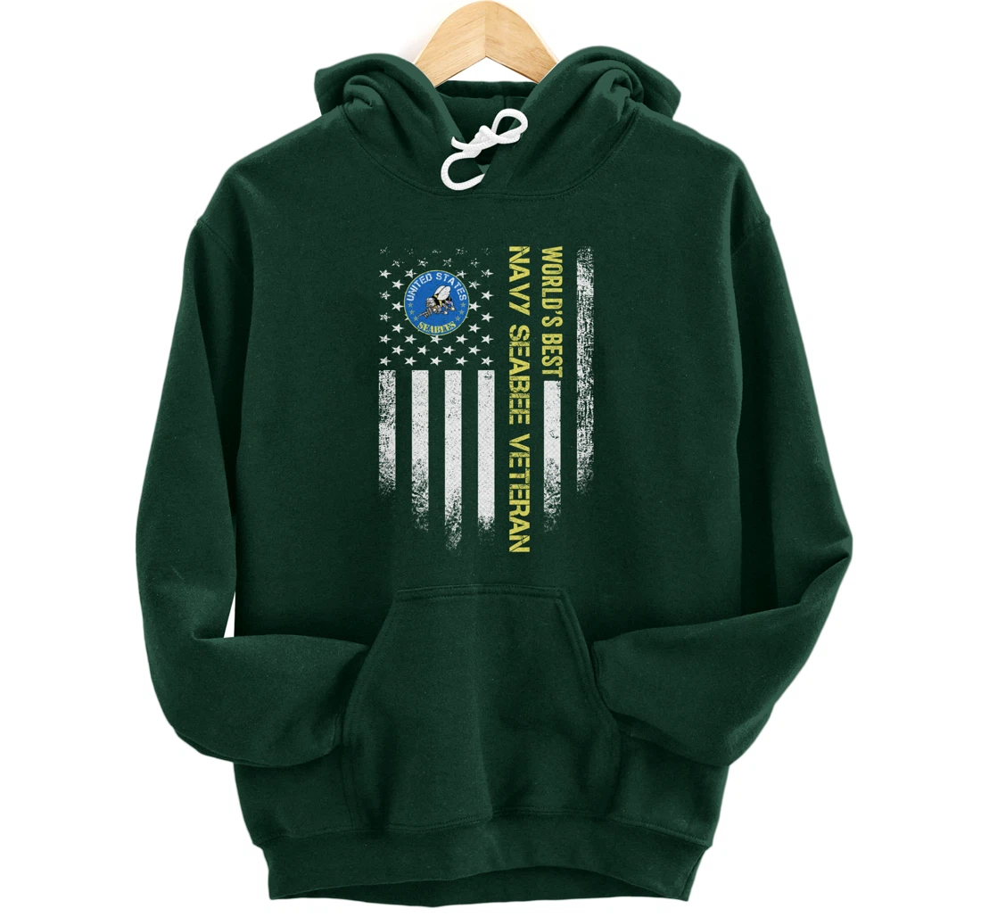 Vintage USA American Flag World's Best Navy Seabee Veteran Pullover Hoodie