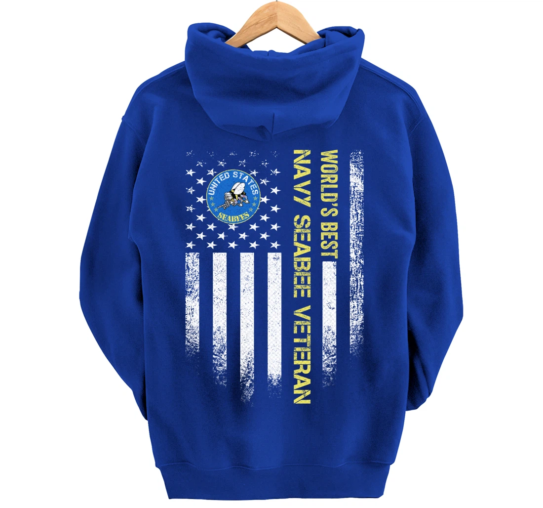 Vintage USA American Flag World's Best Navy Seabee Veteran Pullover Hoodie
