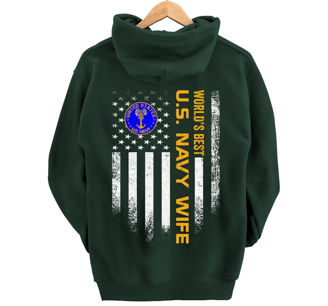 Vintage USA American Flag World's Best US Navy Veteran Wife Pullover Hoodie