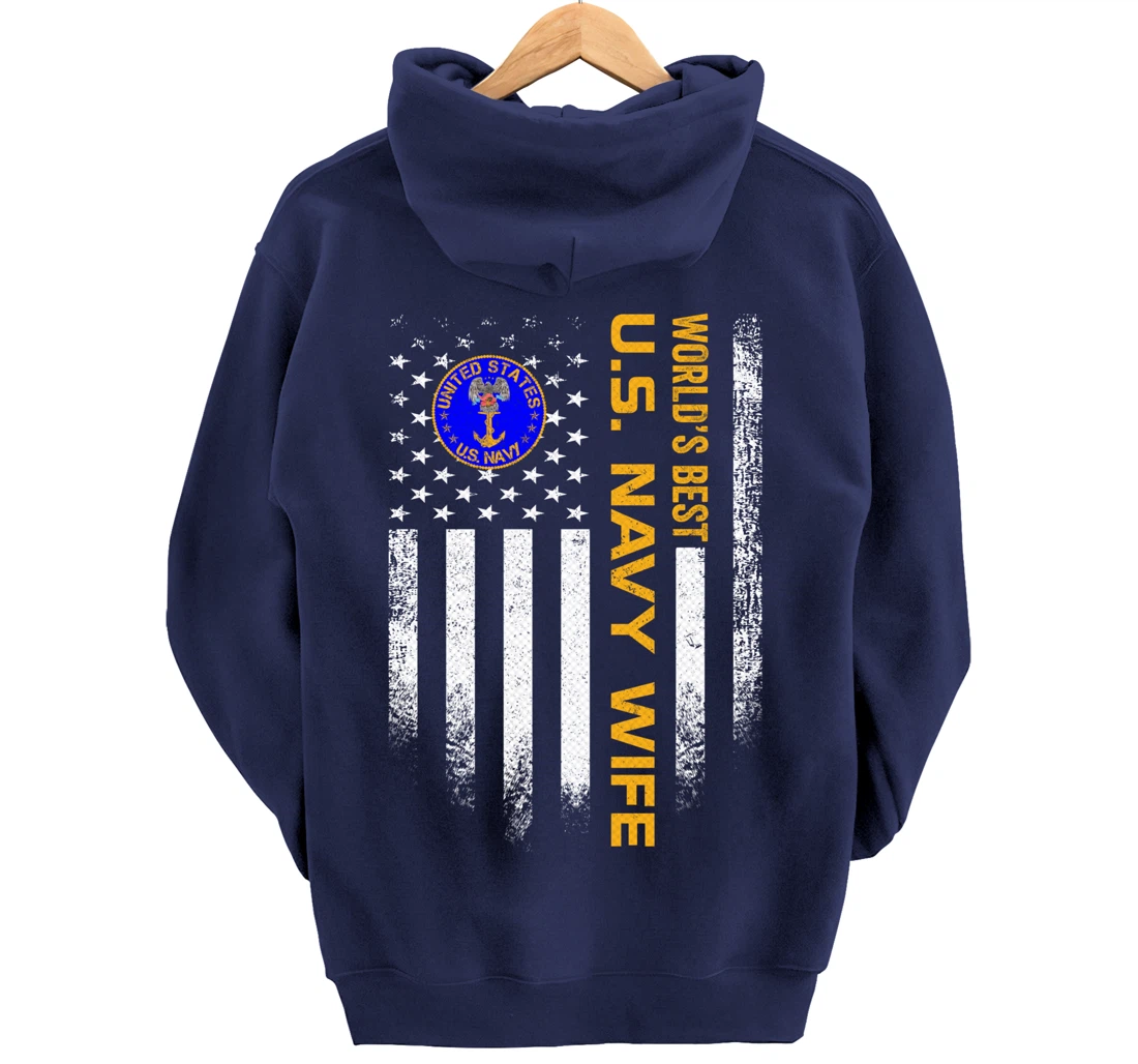 Vintage USA American Flag World's Best US Navy Veteran Wife Pullover Hoodie