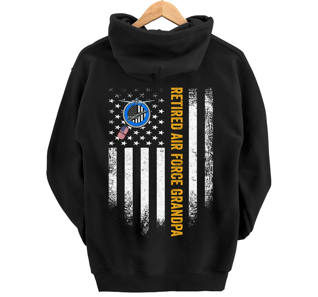 Vintage USA American Flag Retired Air Force Veteran Grandpa Pullover Hoodie
