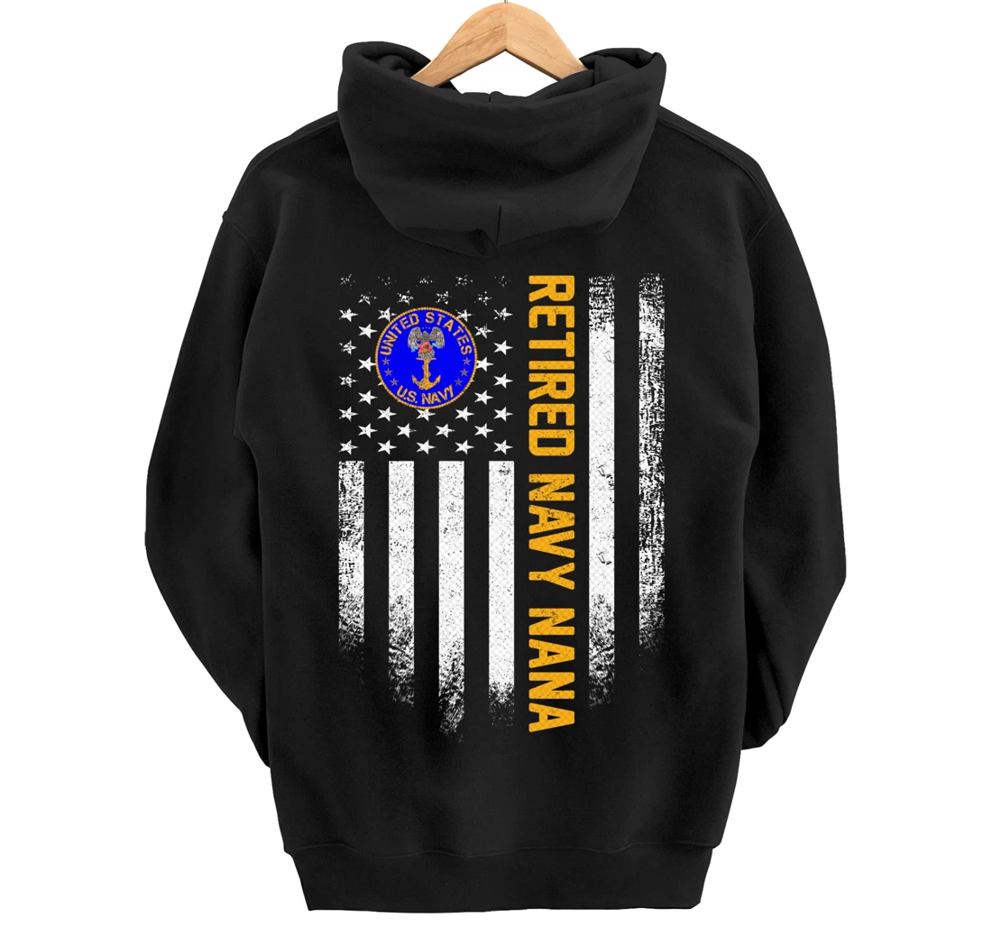 Vintage USA American Flag Retired US Navy Veteran Nana Funny Pullover Hoodie