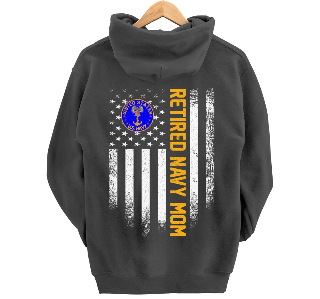 Vintage USA American Flag Retired US Navy Veteran Mom Funny Pullover Hoodie