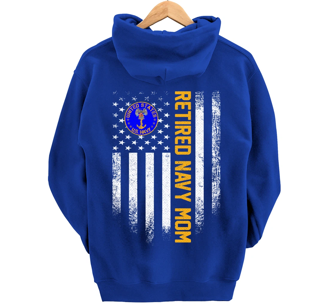 Vintage USA American Flag Retired US Navy Veteran Mom Funny Pullover Hoodie